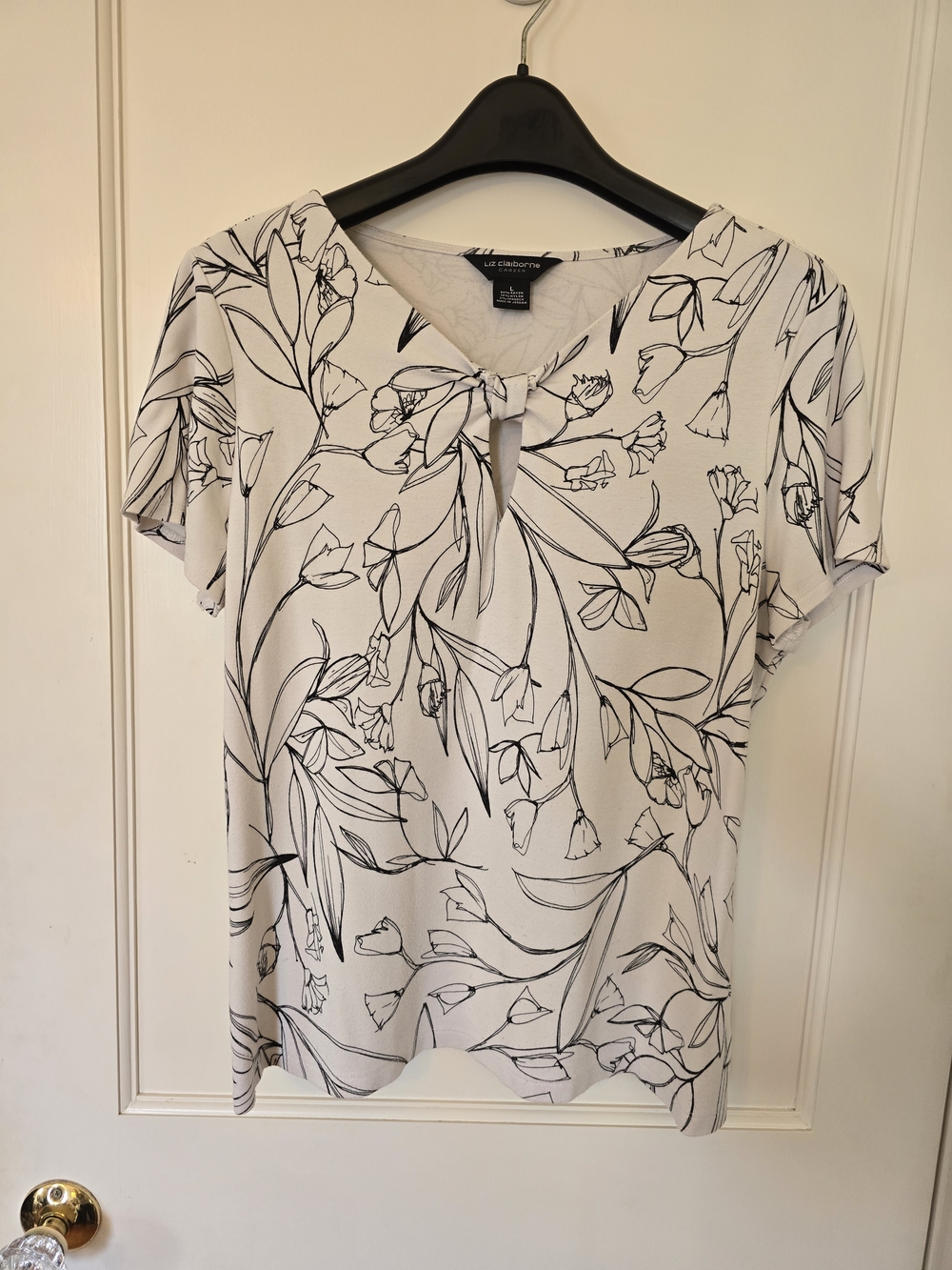 Liz Claiborne White Blouse with Black Floral Line Print and Front Tie LARGE
